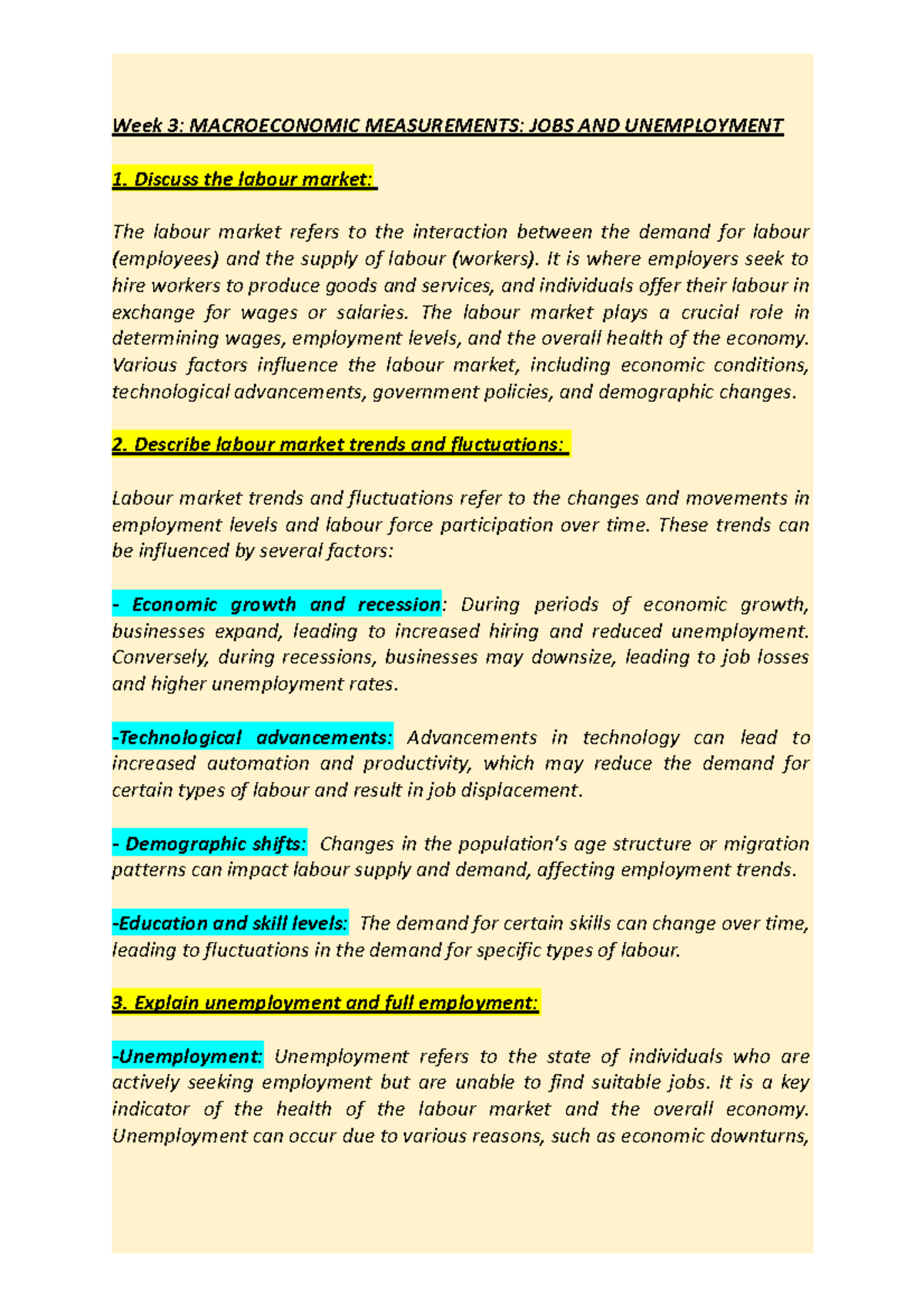 Week 3 - week 3 Summary - Week 3: MACROECONOMIC MEASUREMENTS: JOBS AND ...
