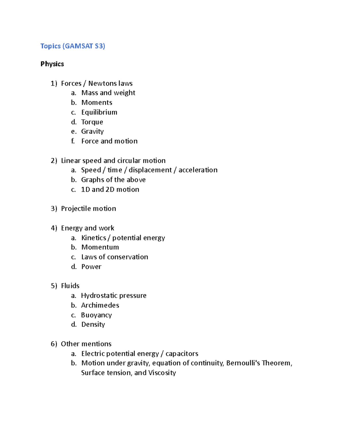 Gamsat topics - Topics (GAMSAT S3) Physics Forces / Newtons laws a ...