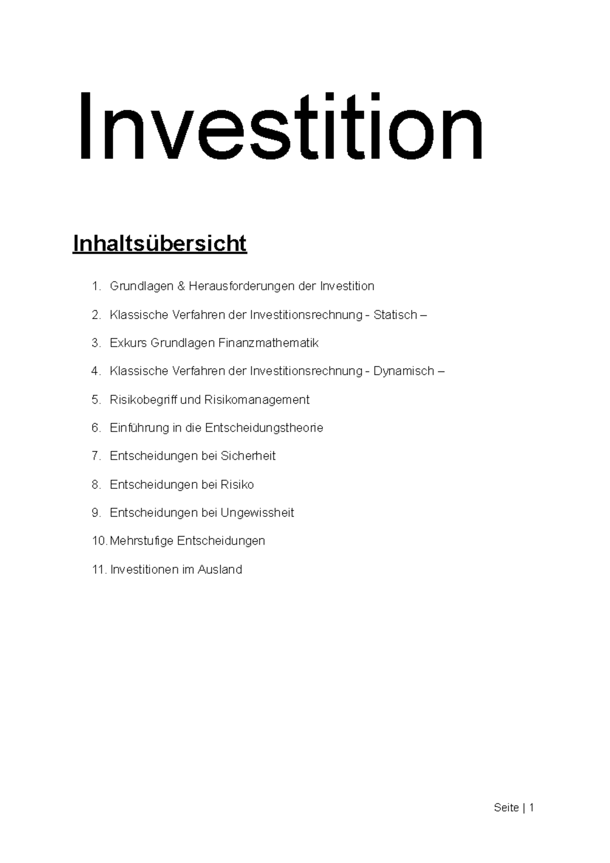 Skript Investition - Wintersemester - Investition Inhaltsübersicht 1 ...