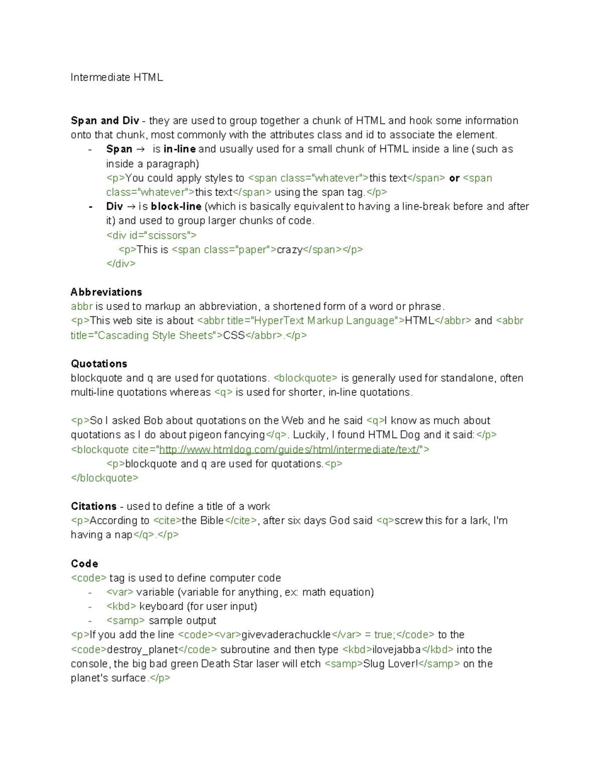 Intermediate HTML - Intermediate HTML Span and Div - they are used to ...