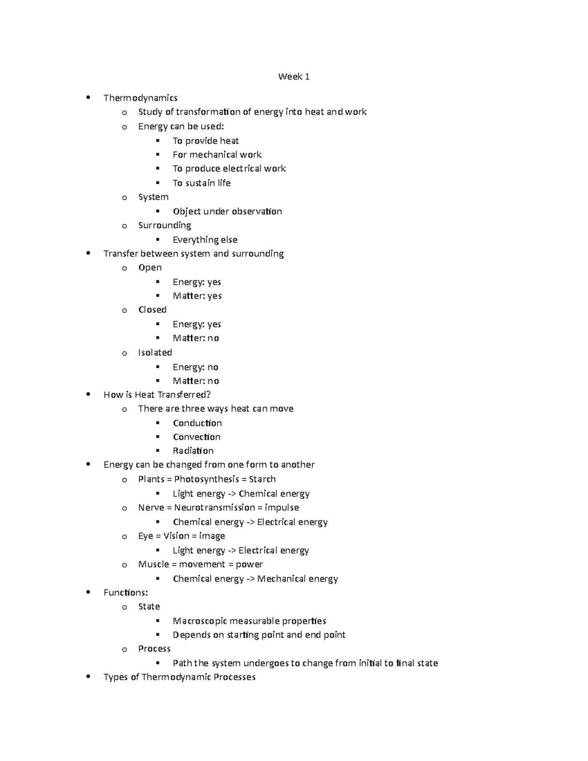 Week 1 Notes - Spring 18 - Week 1 Thermodynamics o Study of ...