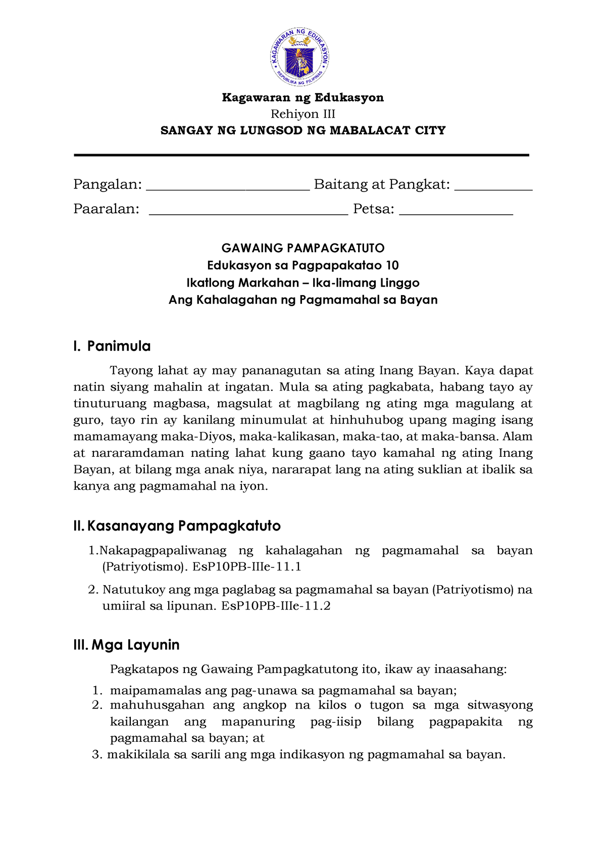 Esp10 Q3 Wk5 Ang Kahalagahan Ng Pagmamahal Sa Bayancqa Kagawaran Ng Edukasyon Rehiyon Iii 0317