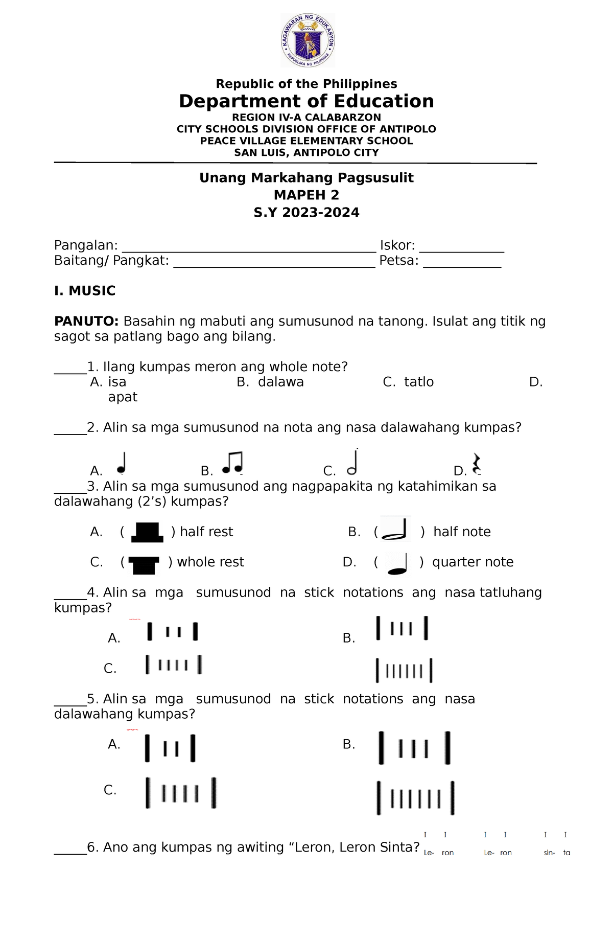 Q1 PT Mapeh 2023 - Assessment Test - Republic Of The Philippines ...