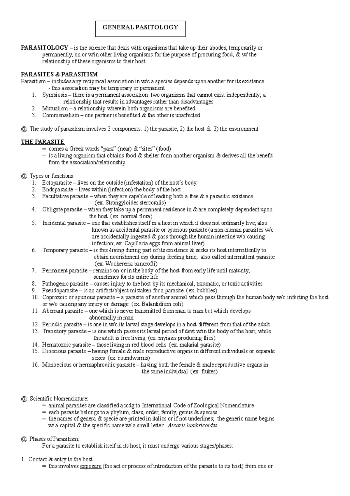 2 Overview of Parasites (Advance Reading Notes) - PARASITOLOGY – is the ...