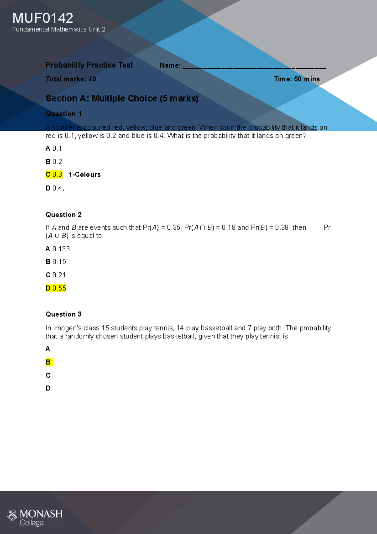 Probability Practice Test - When spun the probability that it lands on ...