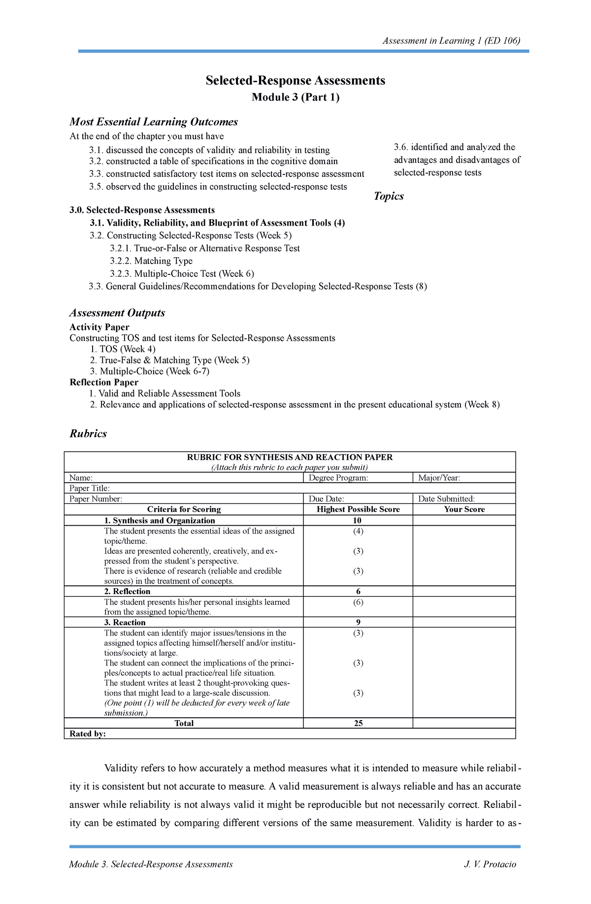 Table Of Specification - Assessment In Learning 1 (ED 106) Selected ...