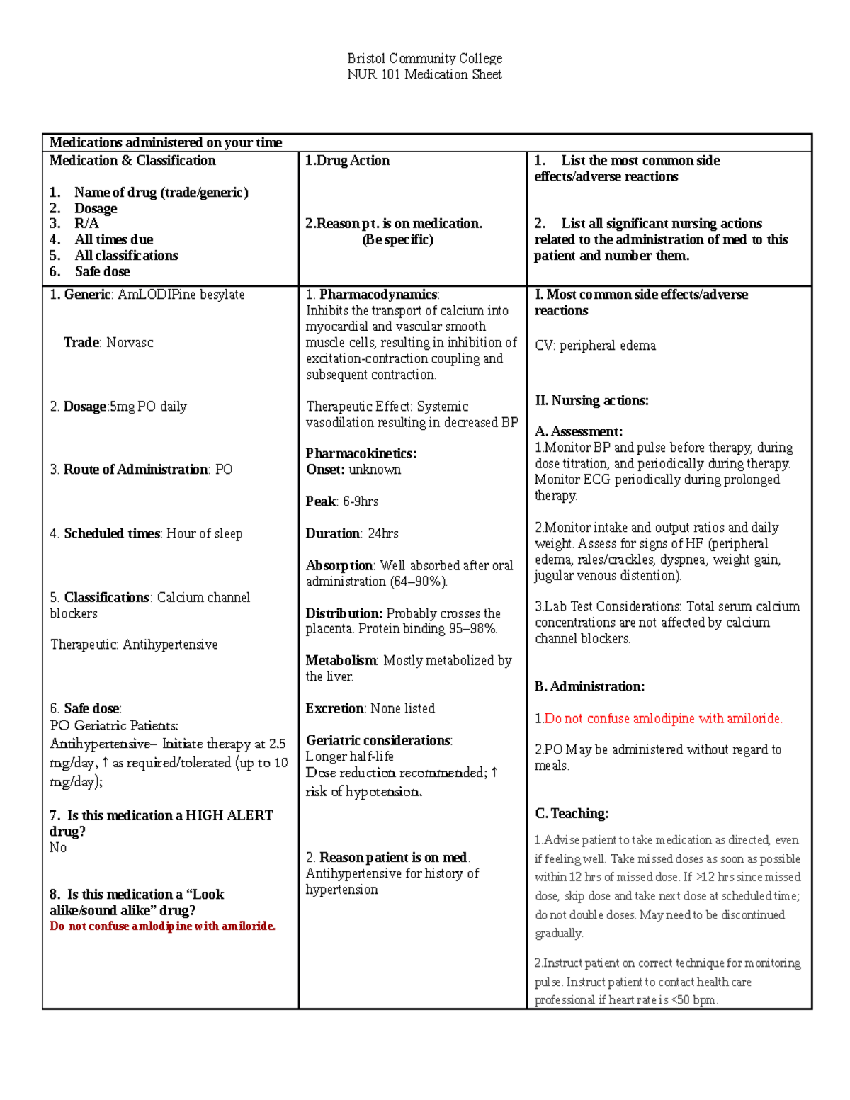 Norvasc - drug sheet - Bristol Community College NUR 101 Medication ...