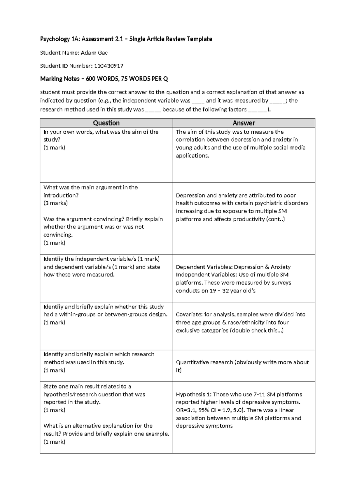 Psychology 1A - document for 1A - Psychology 1A: Assessment 2 – Single ...