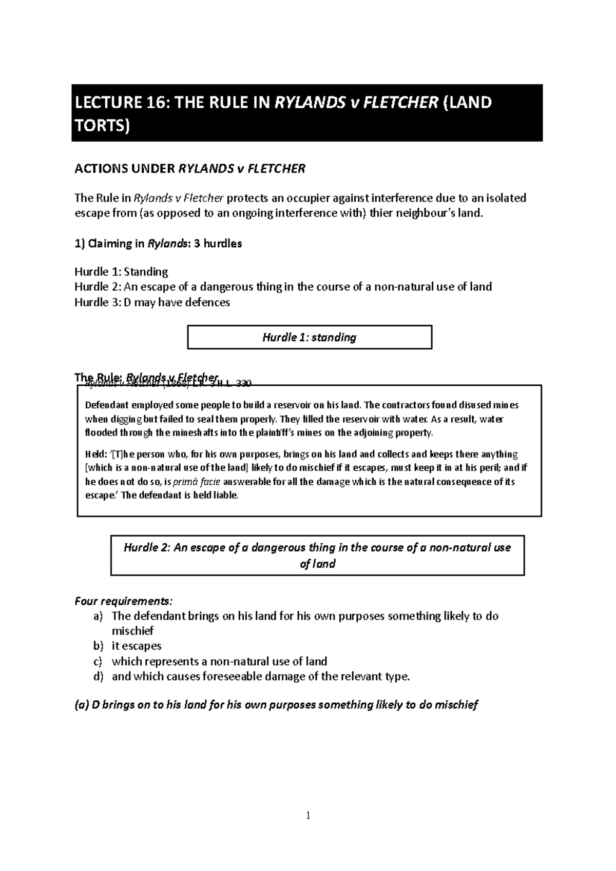 Rylands v Fletcher Handout - LECTURE 16: THE RULE IN RYLANDS v FLETCHER ...