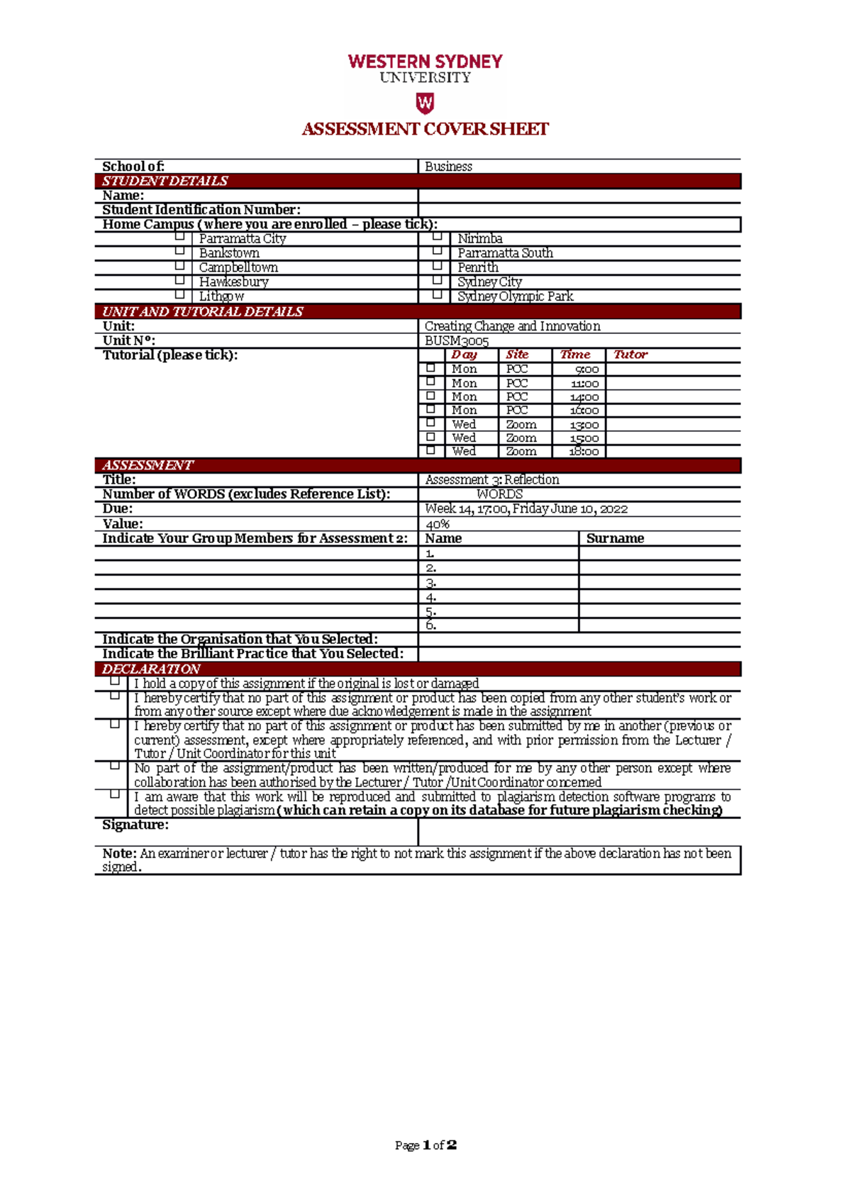 Assessment 3 Cover Sheet & Guide - ASSESSMENT COVER SHEET School of ...