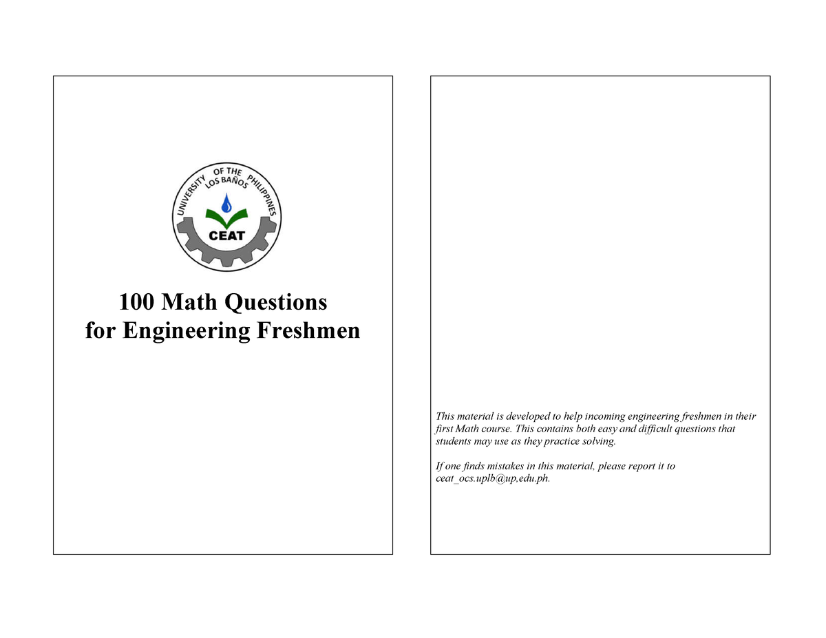 100 Math Questions For Engineering Freshmen This Contains Both Easy 