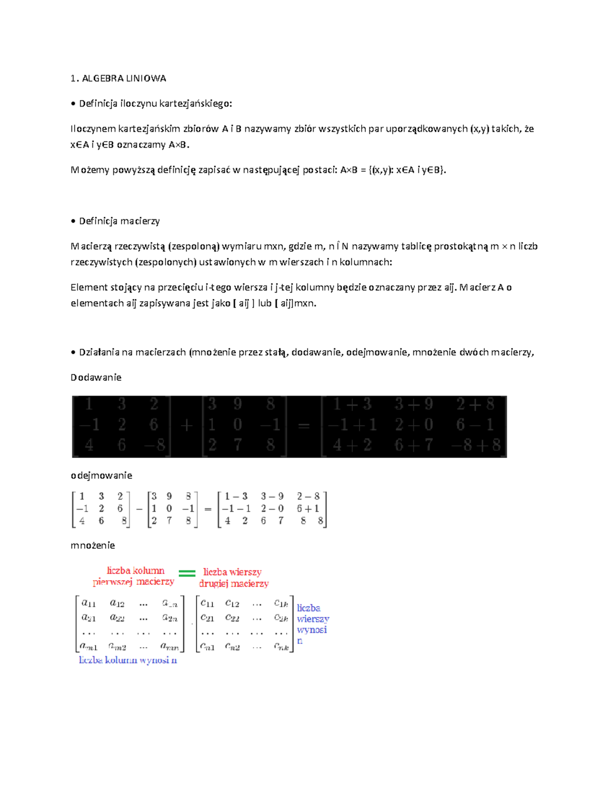 Algebra Liniowa - 1. ALGEBRA LINIOWA Definicja Iloczynu Kartezjańskiego ...