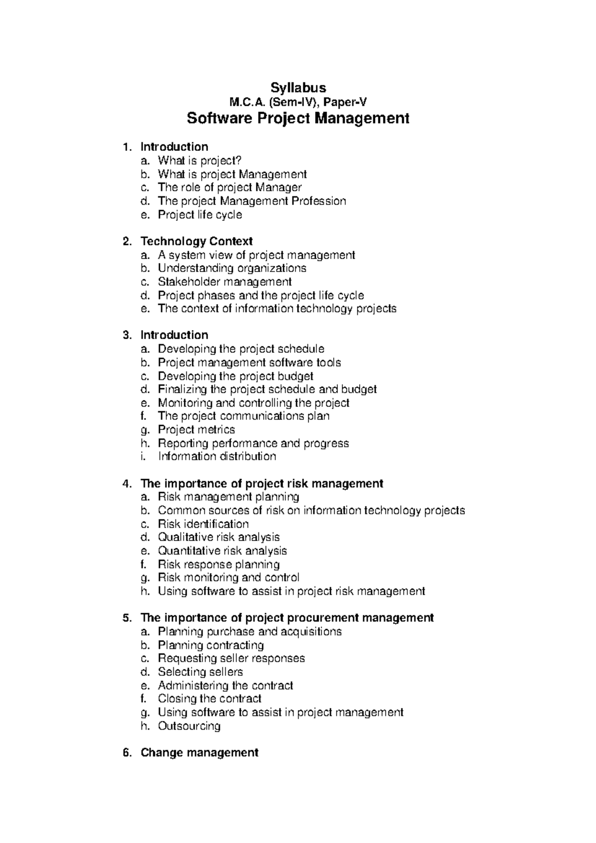 Software Project Management - Syllabus M.C. (Sem-IV), Paper-V Software ...