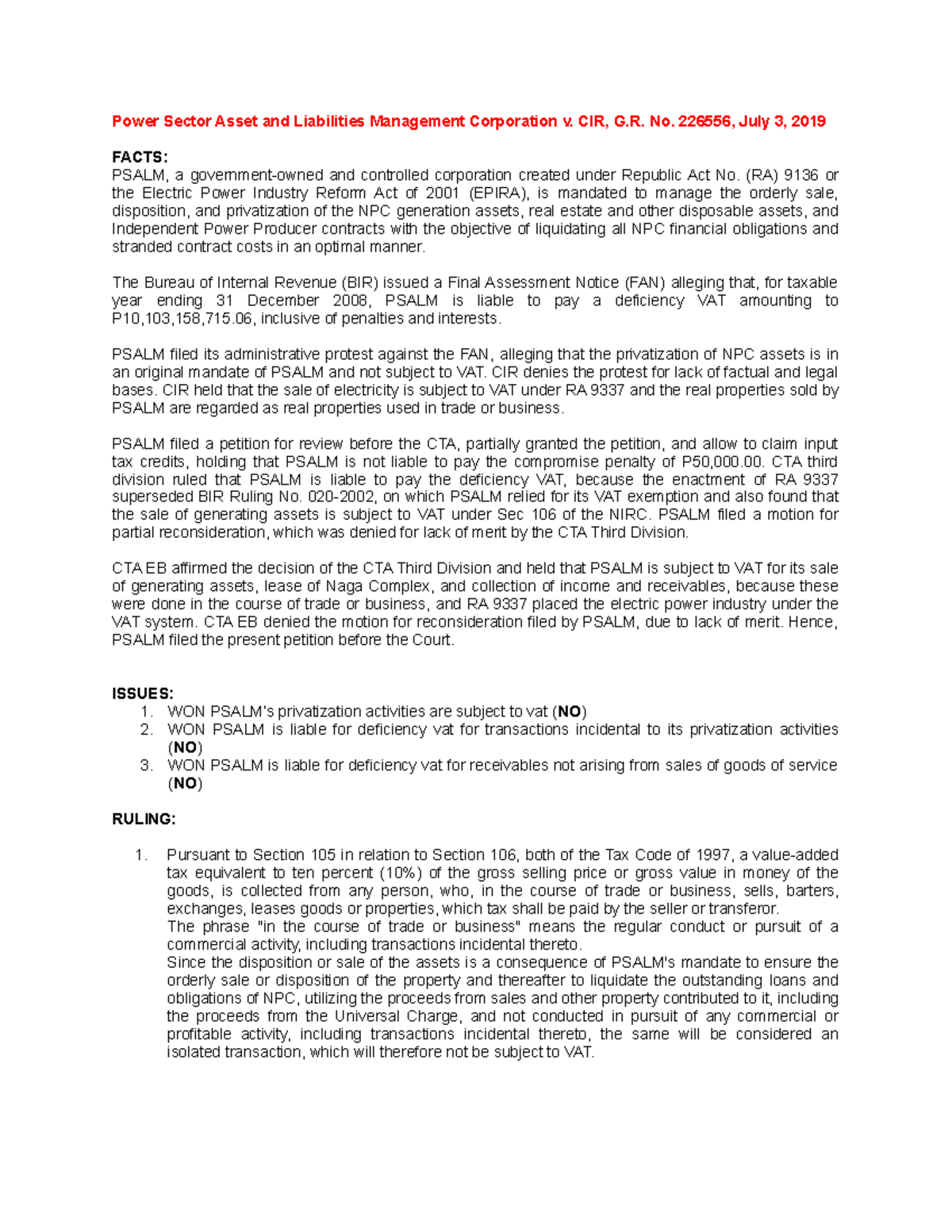 Power Sector Asset and Liabilities Management Corporation v - CIR, G ...