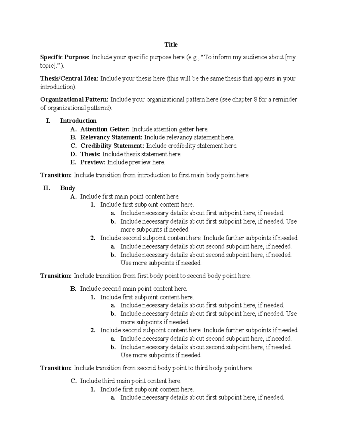 Informative Speech Blank Outline - Title Specific Purpose: Include your ...