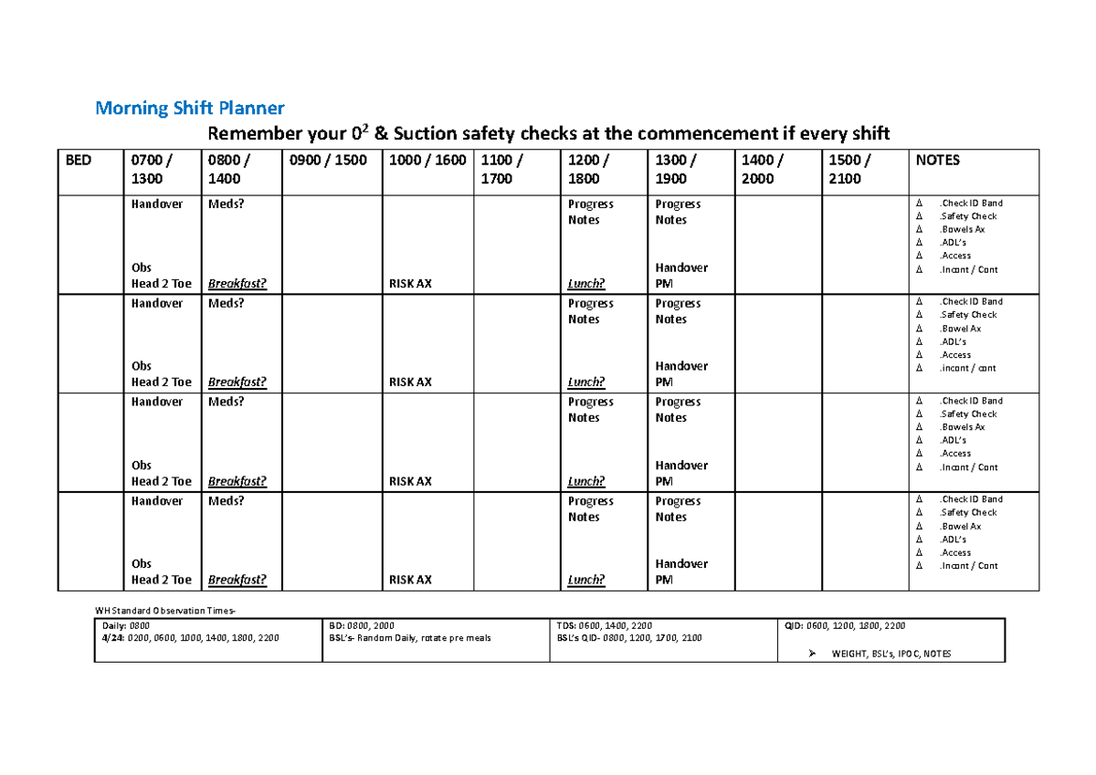 Shift Planner Morning Morning Shift Planner Remember Your 0 2