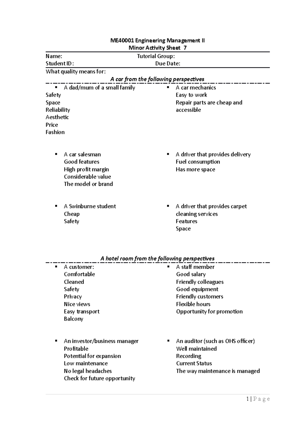 M7 minor activity engineering management - ME40001 Engineering ...