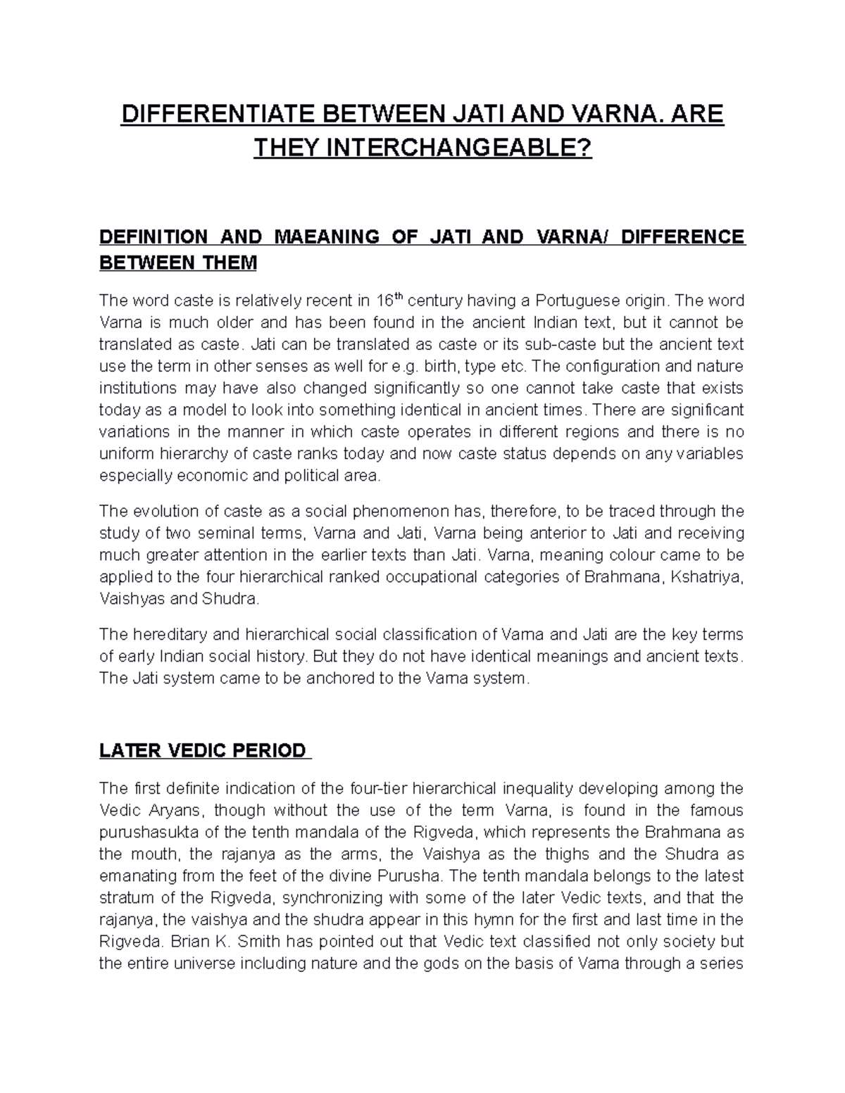 JATI AND Varna Assignment DIFFERENTIATE BETWEEN JATI AND VARNA. ARE