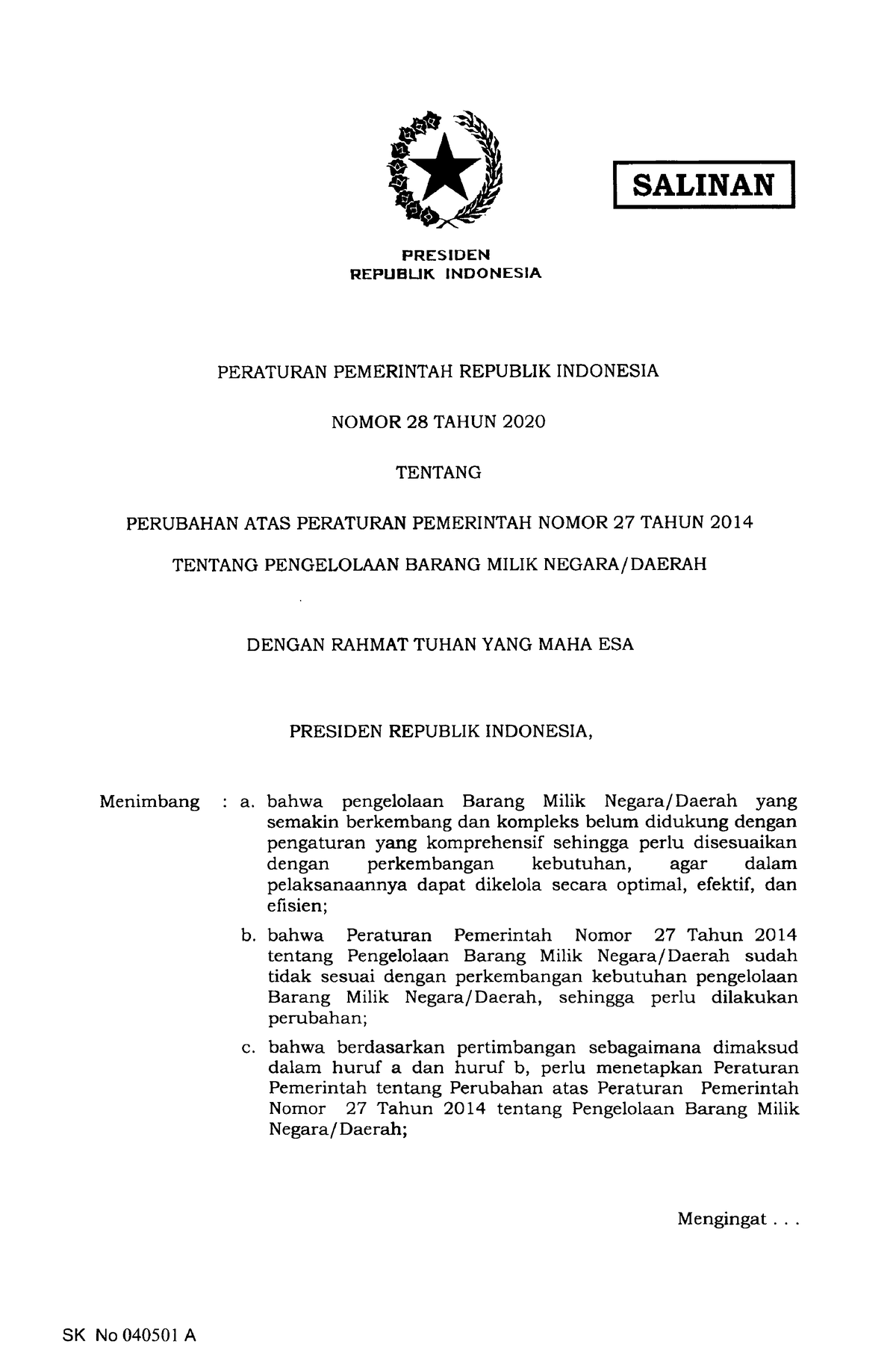 PP nomor 28 tahun 2020 - Manajemen Operasi Jasa - Studocu