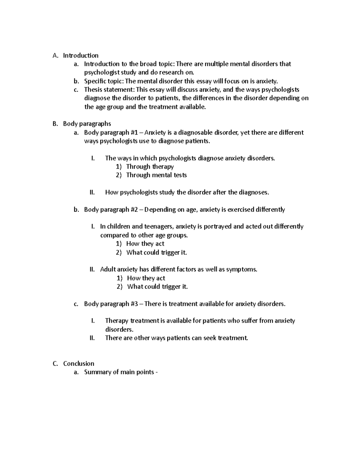 Psych essay outline - A. Introduction a. Introduction to the broad ...