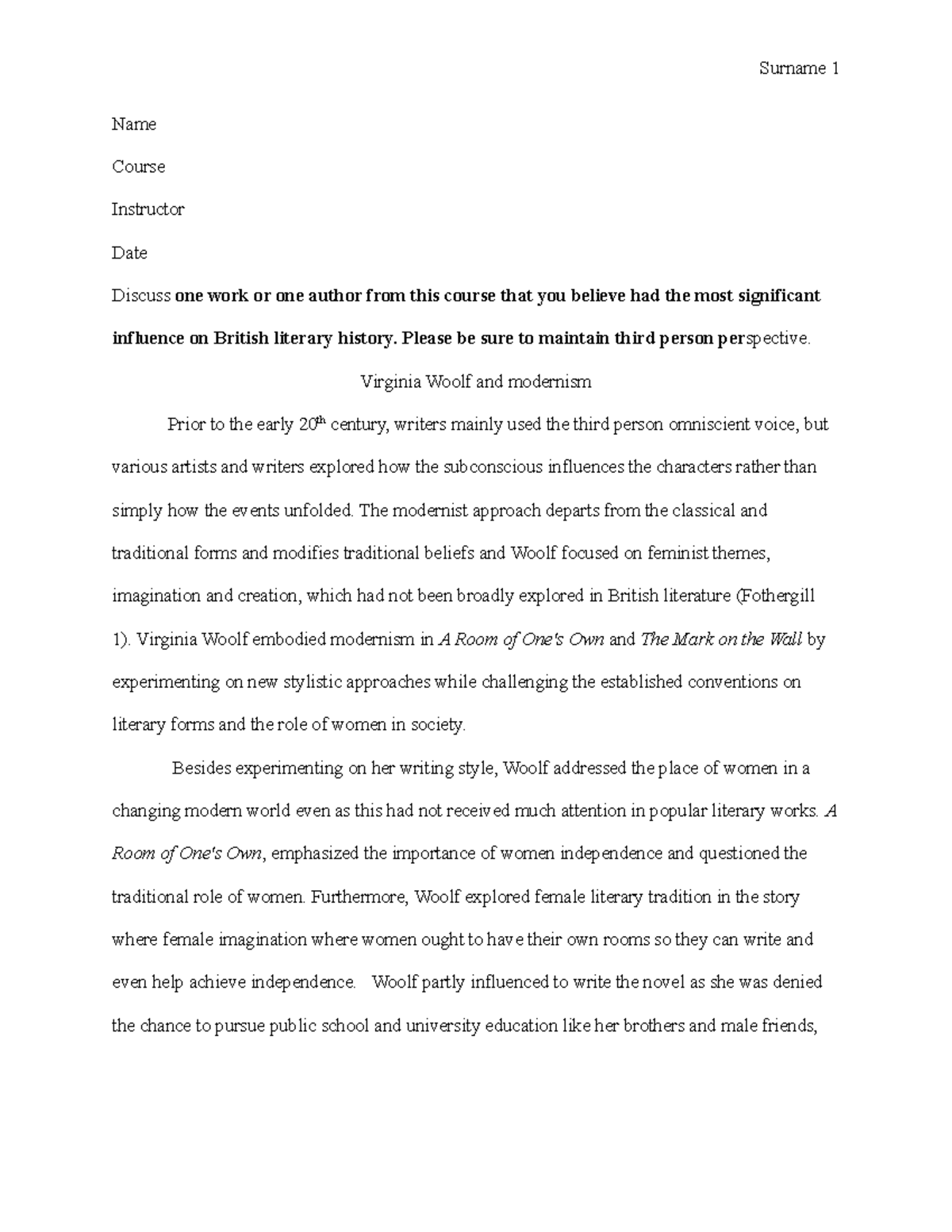 Virginia Woolf and modernism - Name Course Instructor Date Discuss one ...