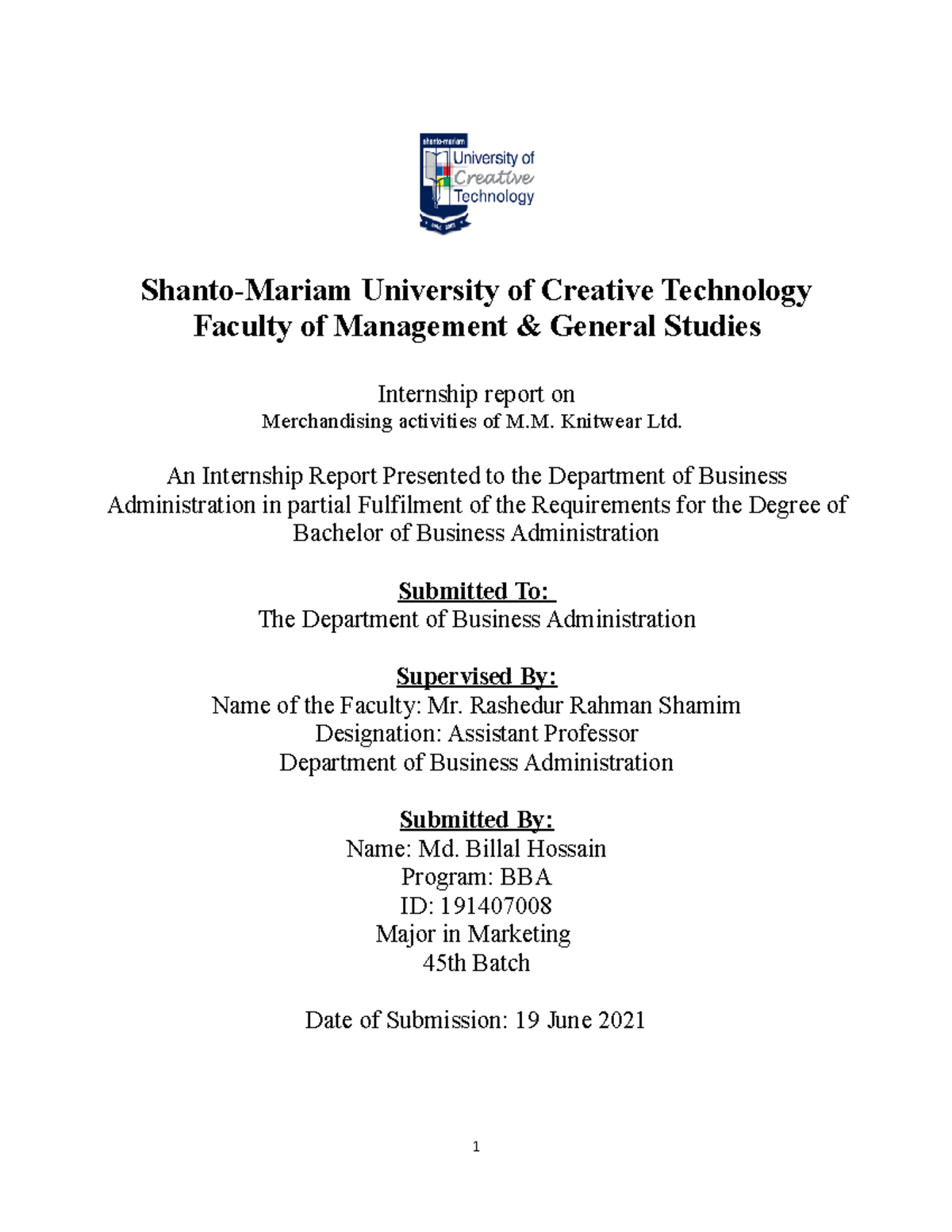 Internship-Report-Md.-Billal-Hossain W - Shanto-Mariam University of ...