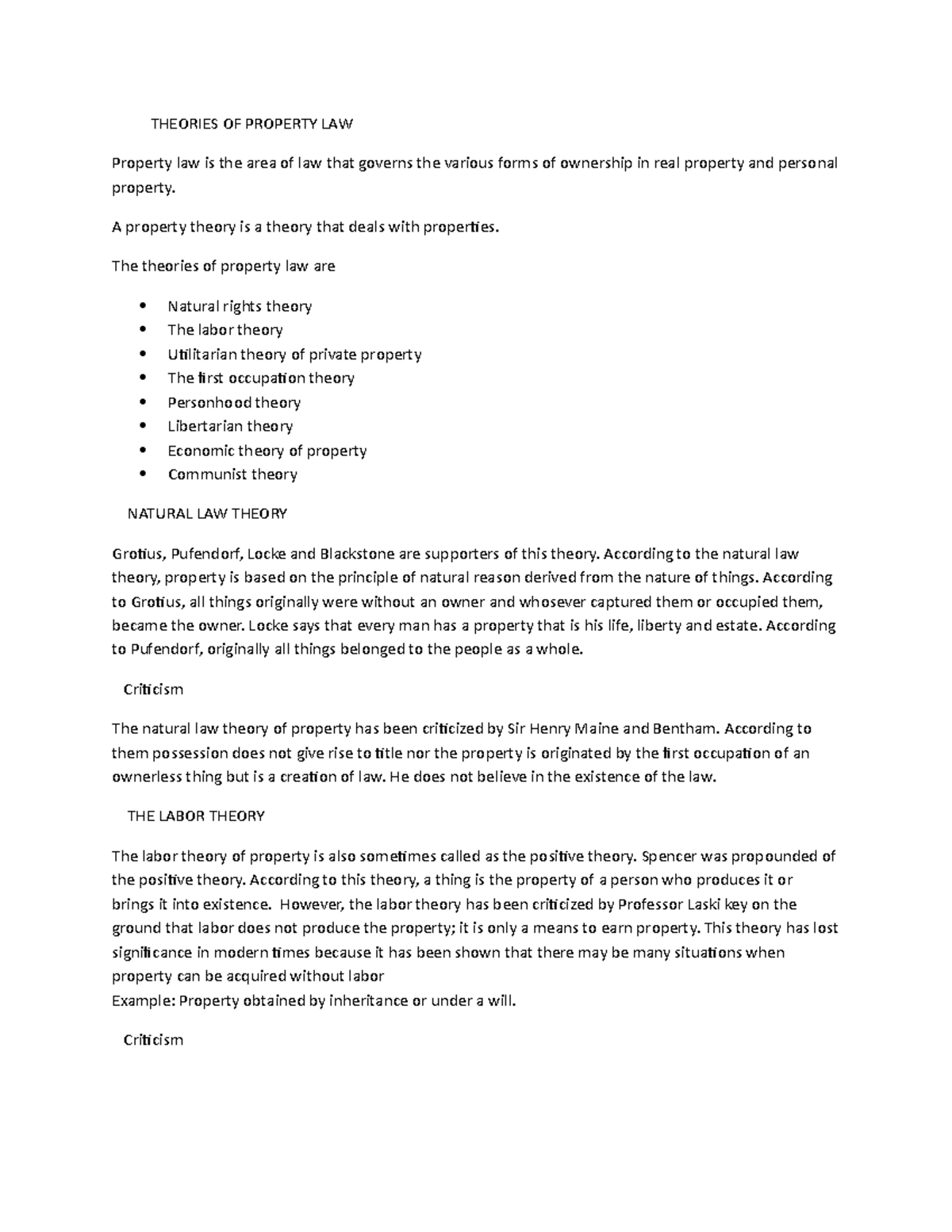 Theories OF Property LAW THEORIES OF PROPERTY LAW Property law is the