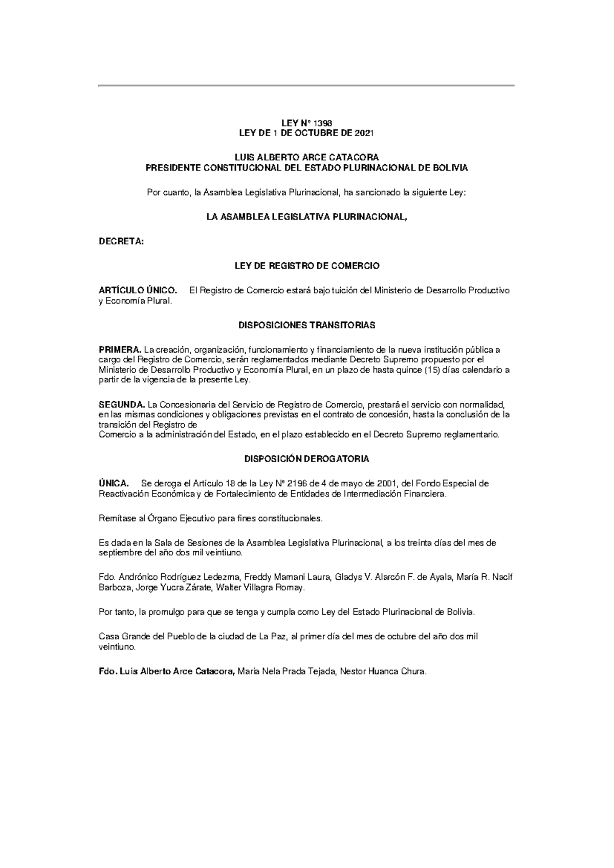 Ley LEY N° 1398 LEY DE 1 DE OCTUBRE