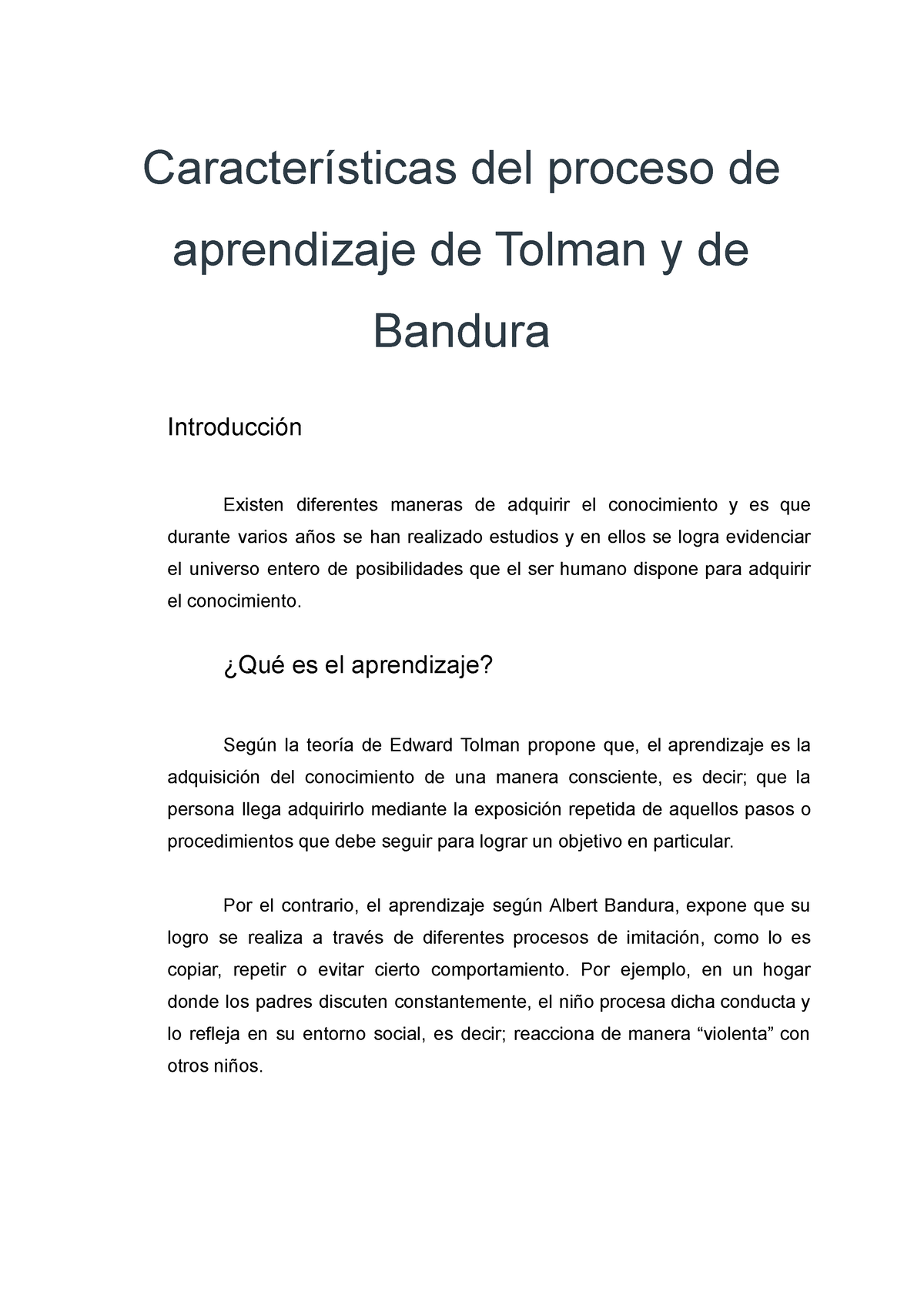 Características Del Proceso De Aprendizaje De Tolman Y De Bandura Características Del Proceso 5226