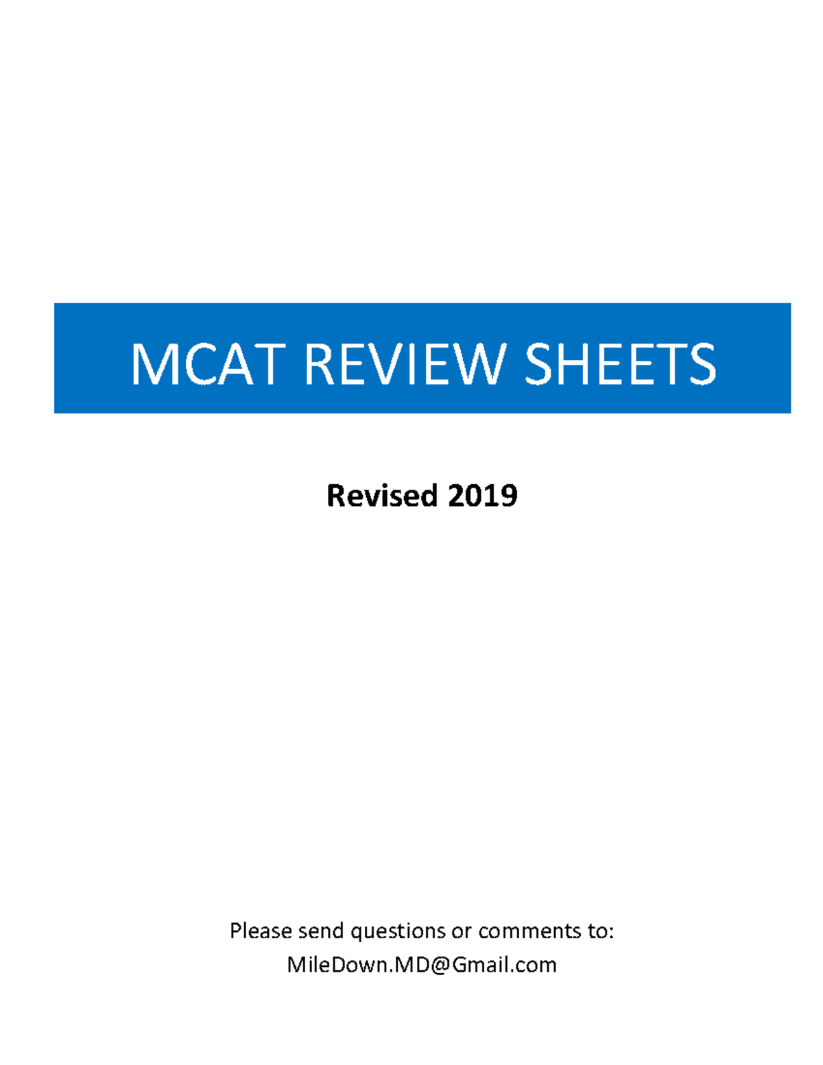 MCAT review sheets Mile Down MD MCAT REVIEW SHEETS Revised 2019