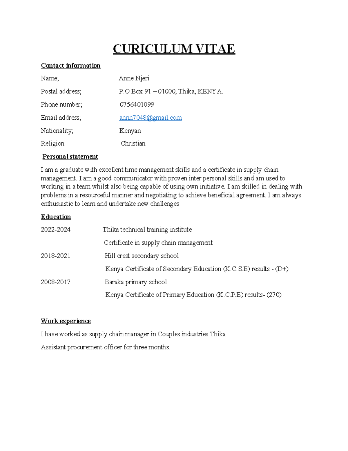Curiculum Vitae - example of a cv - CURICULUM VITAE Contact information ...