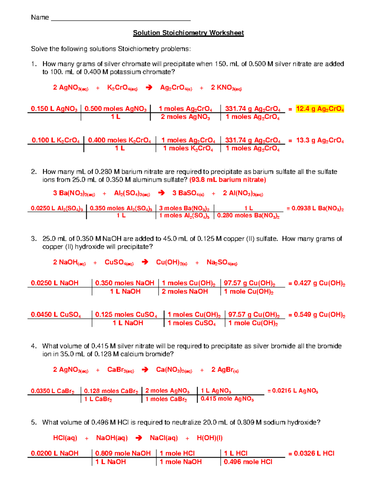Solution-Stoichiometry worksheet key - Studocu