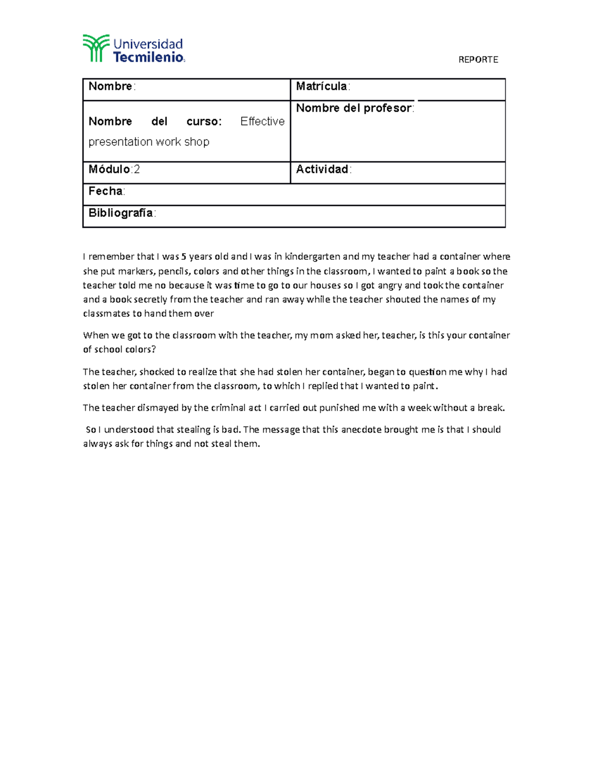 Actividad 13 ingles - REPORTE Nombre : Matrícula : Nombre del curso ...