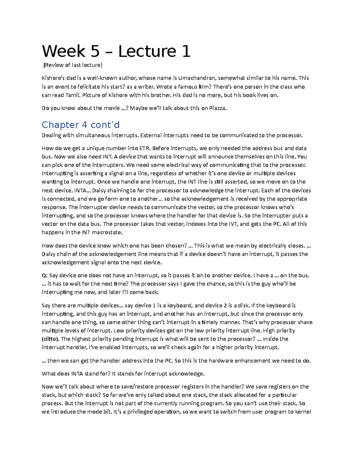 Week 5 - Lecture 1 - Week 5 – Lecture 1 [Review of last lecture ...