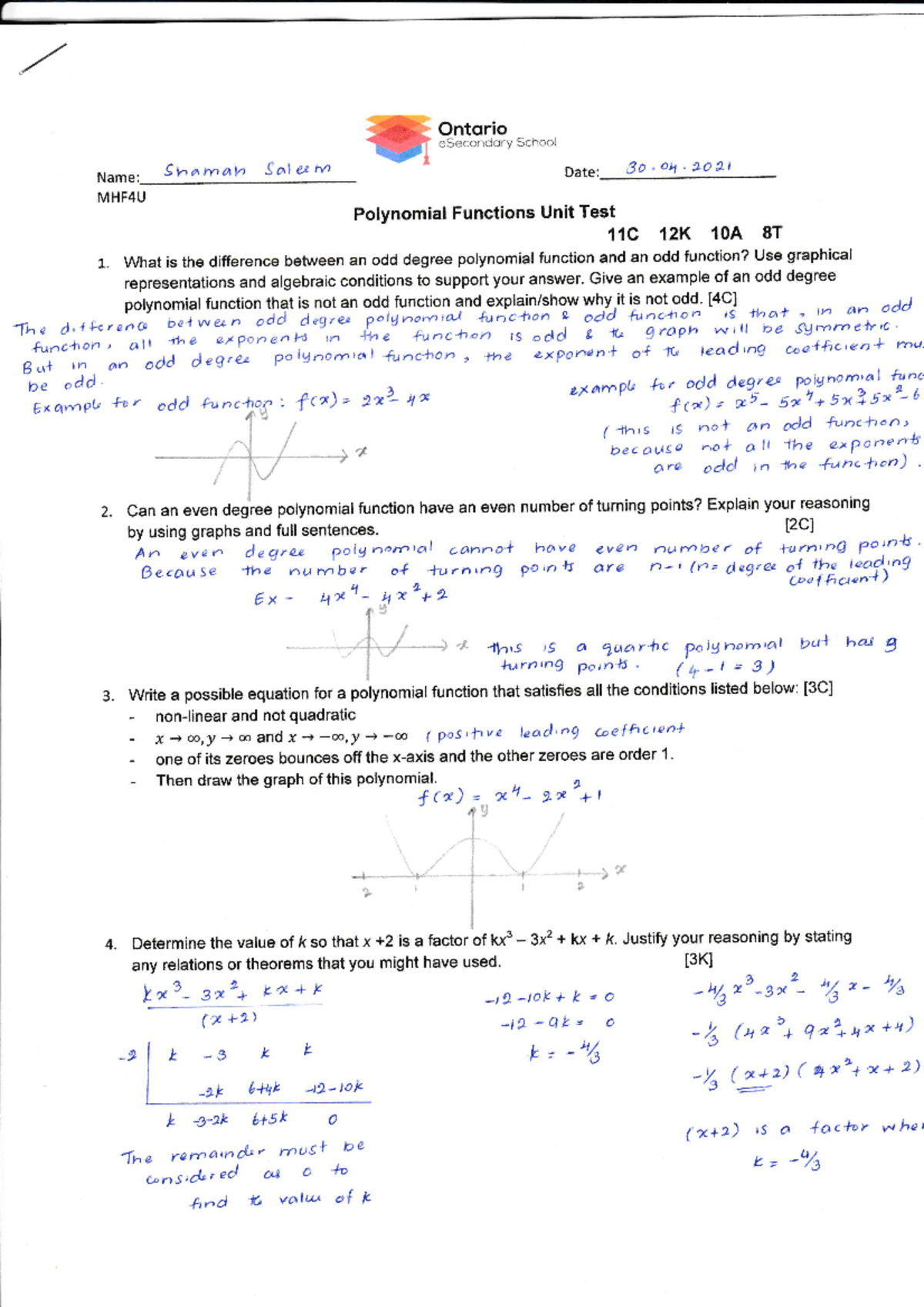 Advanced Functions:Polynomial Functions Unit Test - Studocu