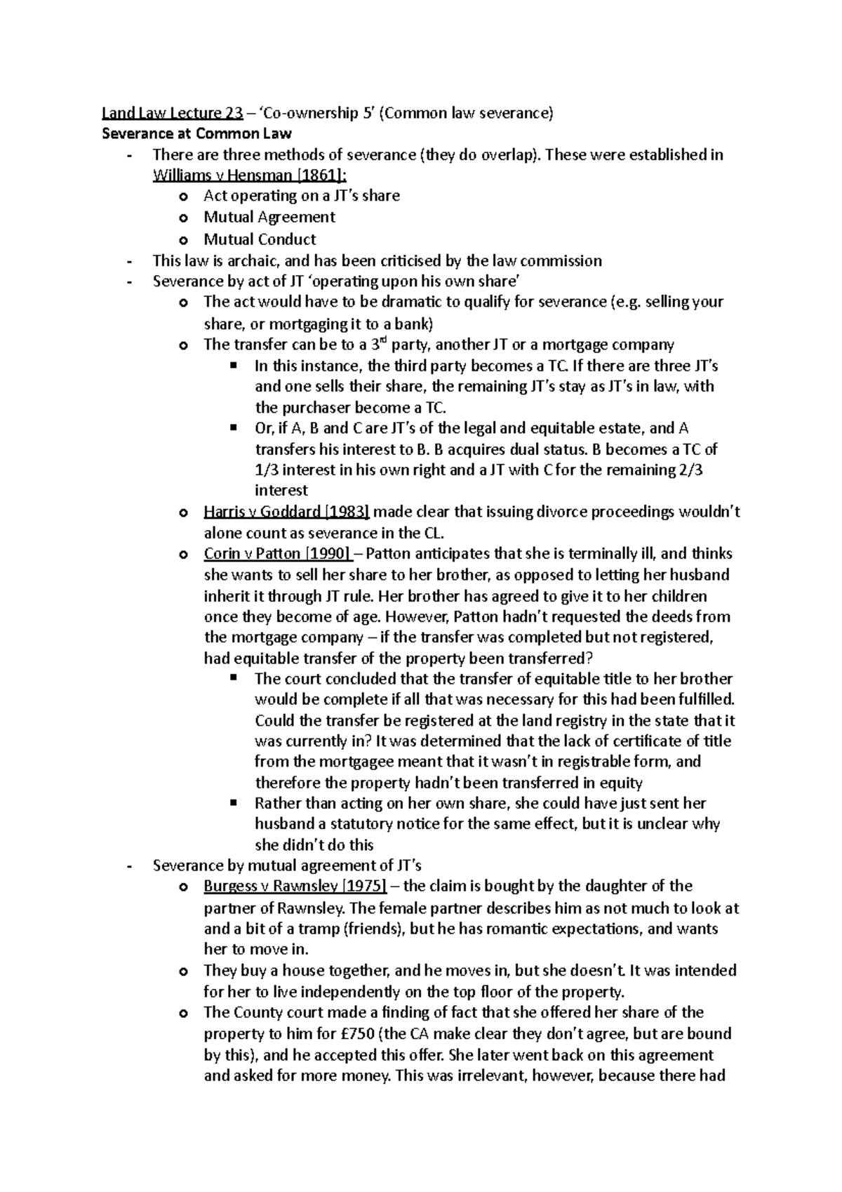 23rd lecture 'Coownership 5' Land Law Lecture 23 ‘Coownership 5