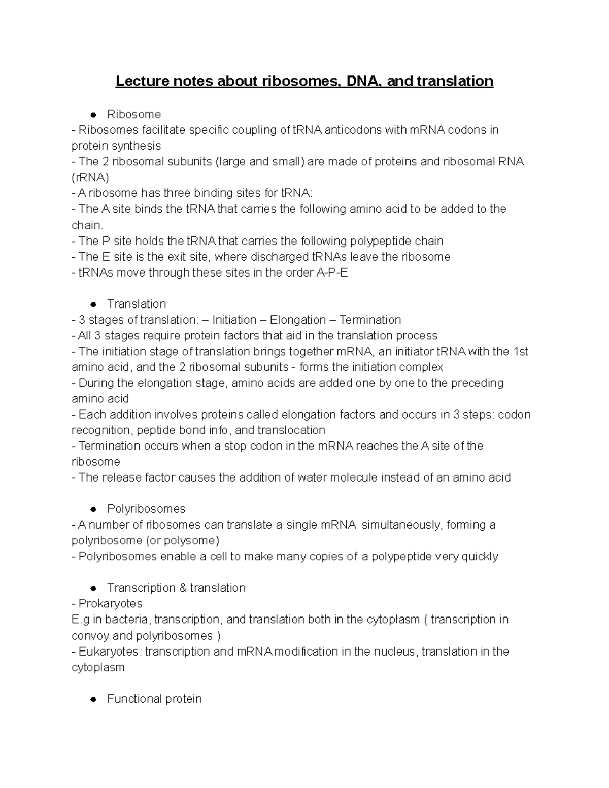 Lecture notes about ribosomes, DNA, and translation - The P site holds ...
