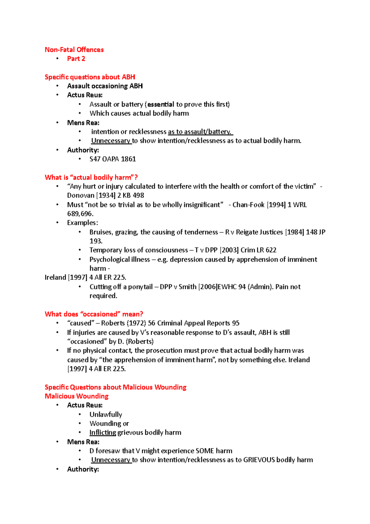 Lecture 5-Non-Fatal - Non-Fatal Ofences - Part 2 Speciic quesions about ...
