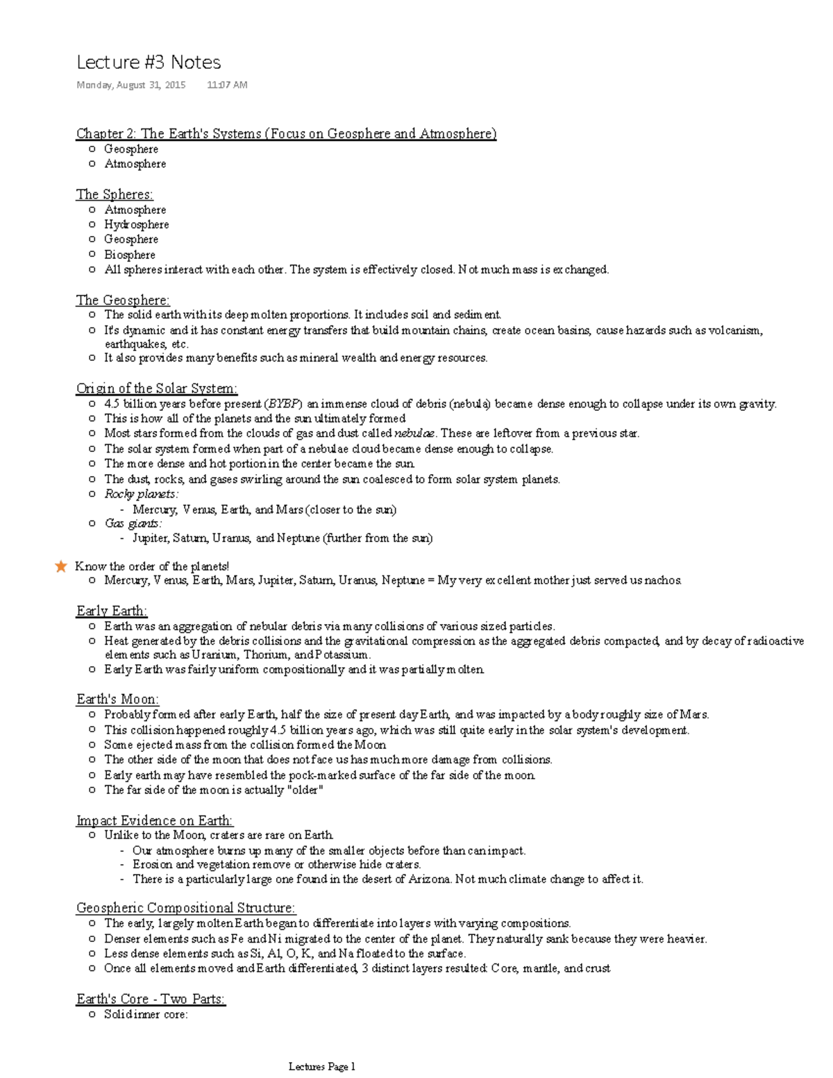 GLG121 3rd Lecture Notes - Geosphere Atmosphere Chapter 2: The Earth's ...