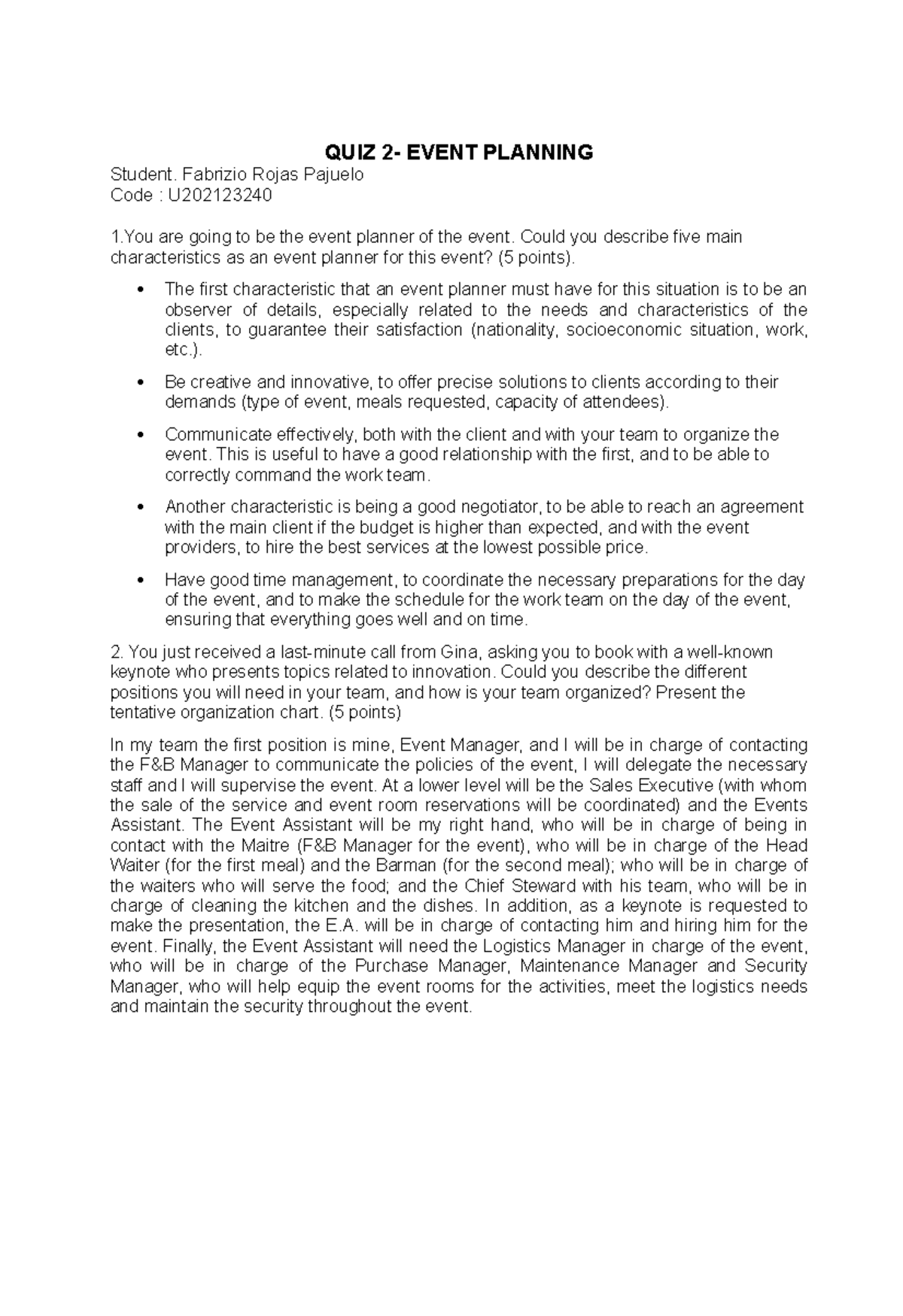 Fabrizio Rojas QUIZ 2 Event Planning QUIZ 2 EVENT PLANNING Student