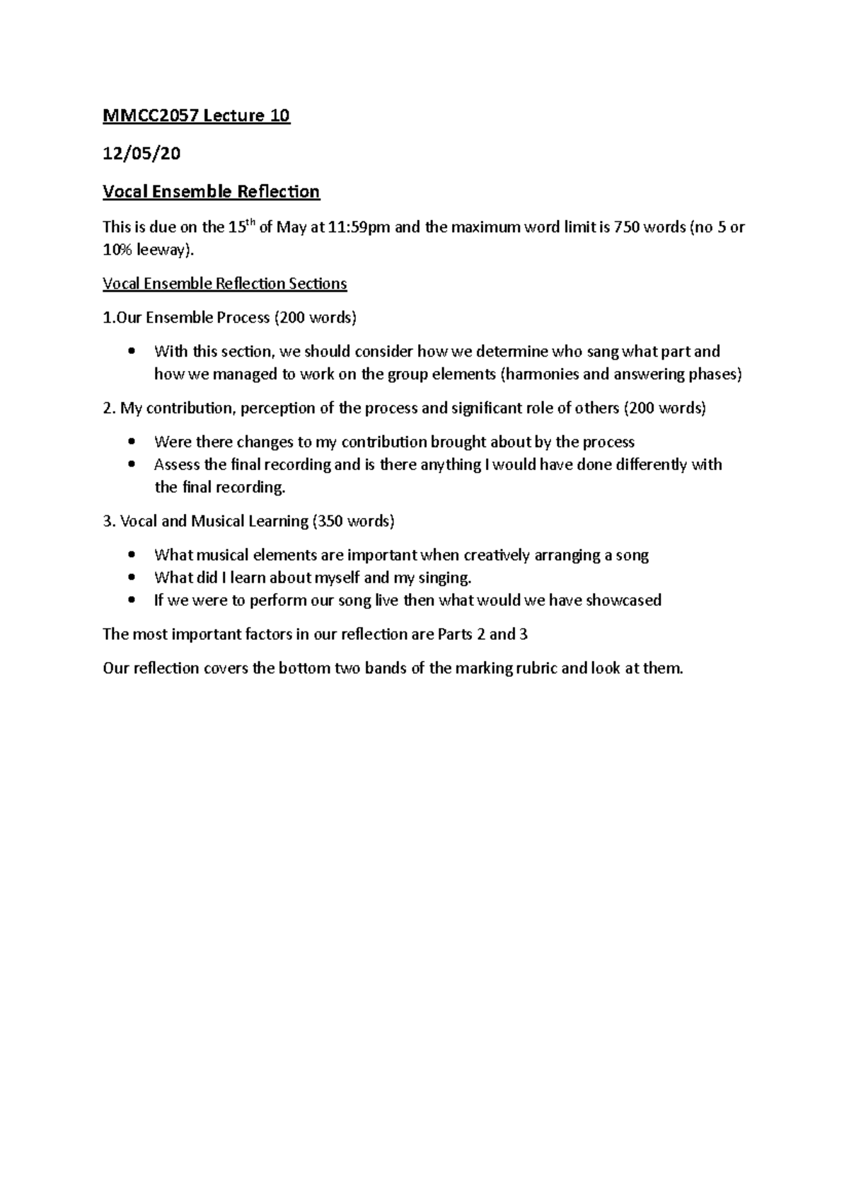 MMCC2057 L10 Vocal Ensemble Reflection - MMCC2057 Lecture 10 12/05 ...