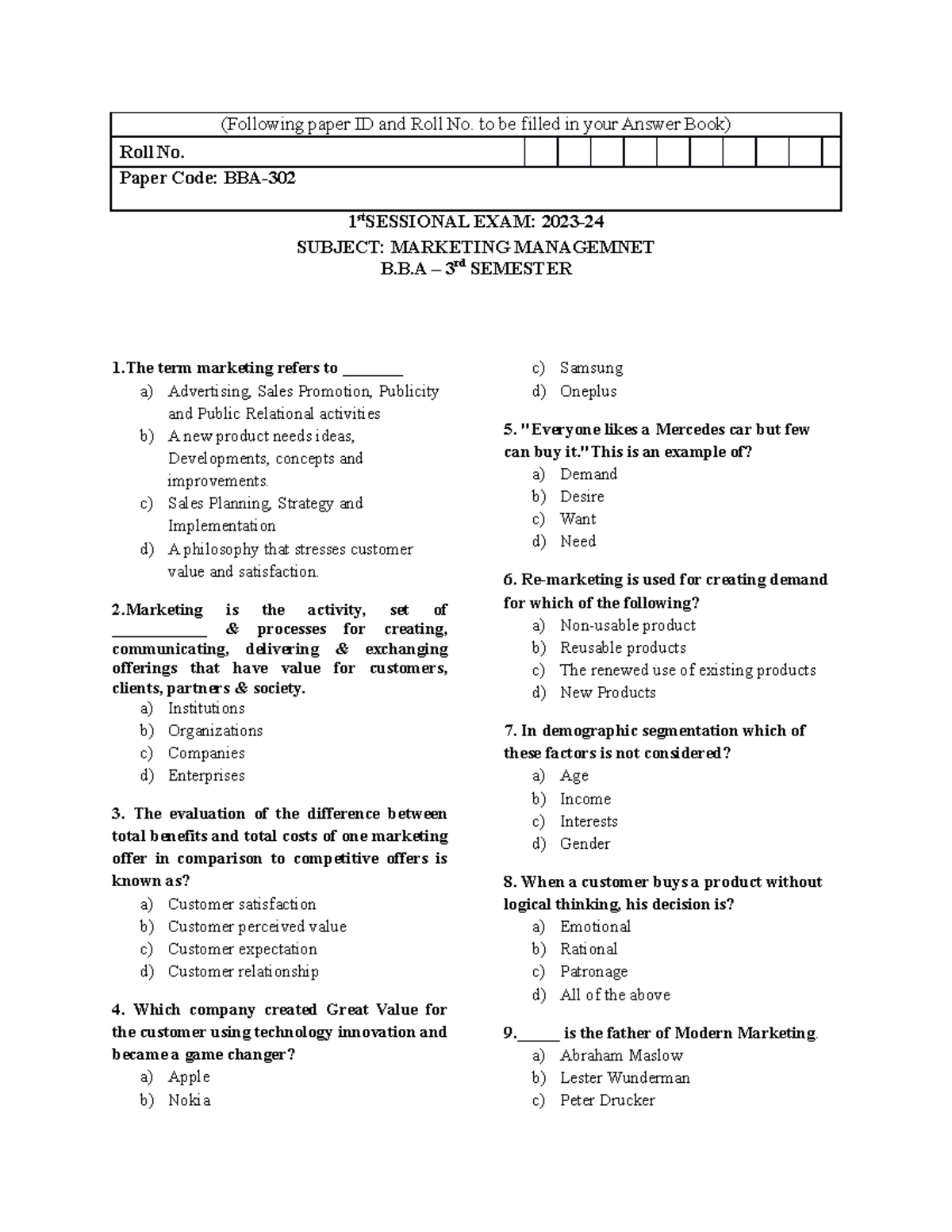 Marketing management - (Following paper ID and Roll No. to be filled in ...