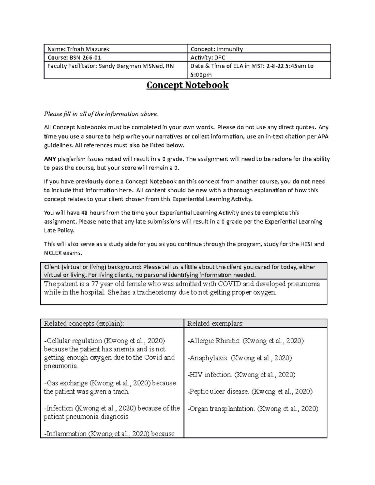 Concept Notebook 2 - Name: Trinah Mazurek Concept: Immunity Course: BSN ...
