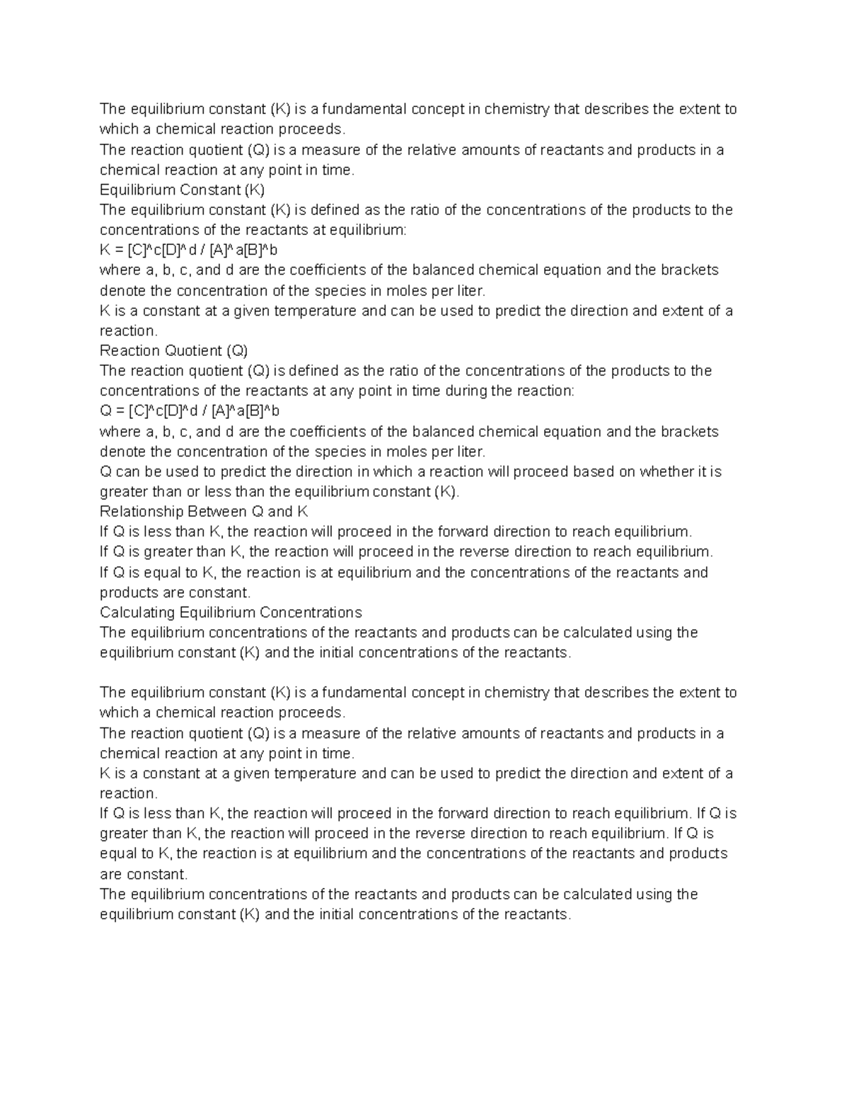 The Equilibrium Constant (K) and Reaction Quotients (Q) Notes - The ...
