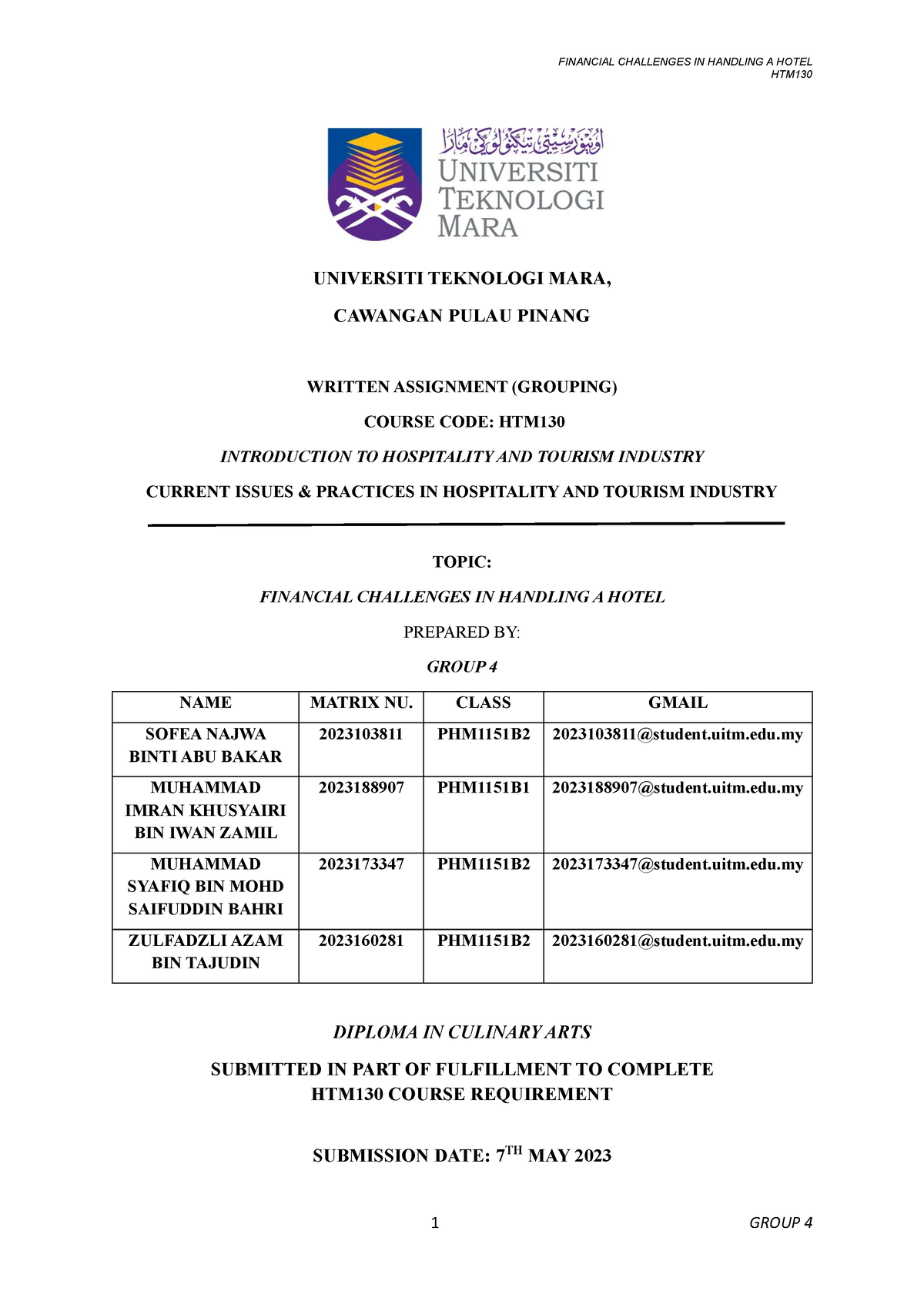 HTM130 Grouping Assignment PHM1151B2 - HTM UNIVERSITI TEKNOLOGI MARA ...