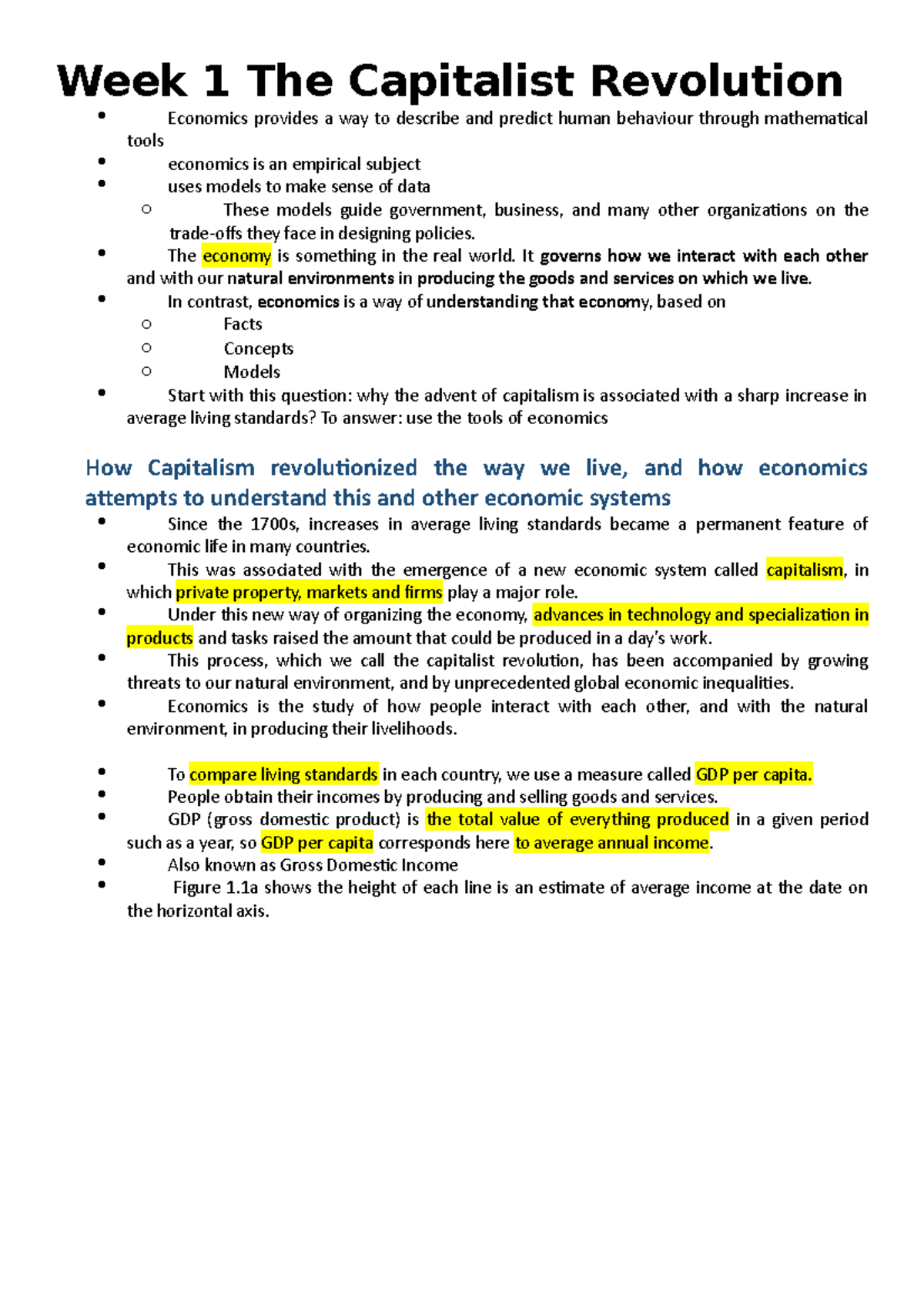 Week 1,2,3,4 Notes Quiz - Week 1 The Capitalist Revolution Economics ...