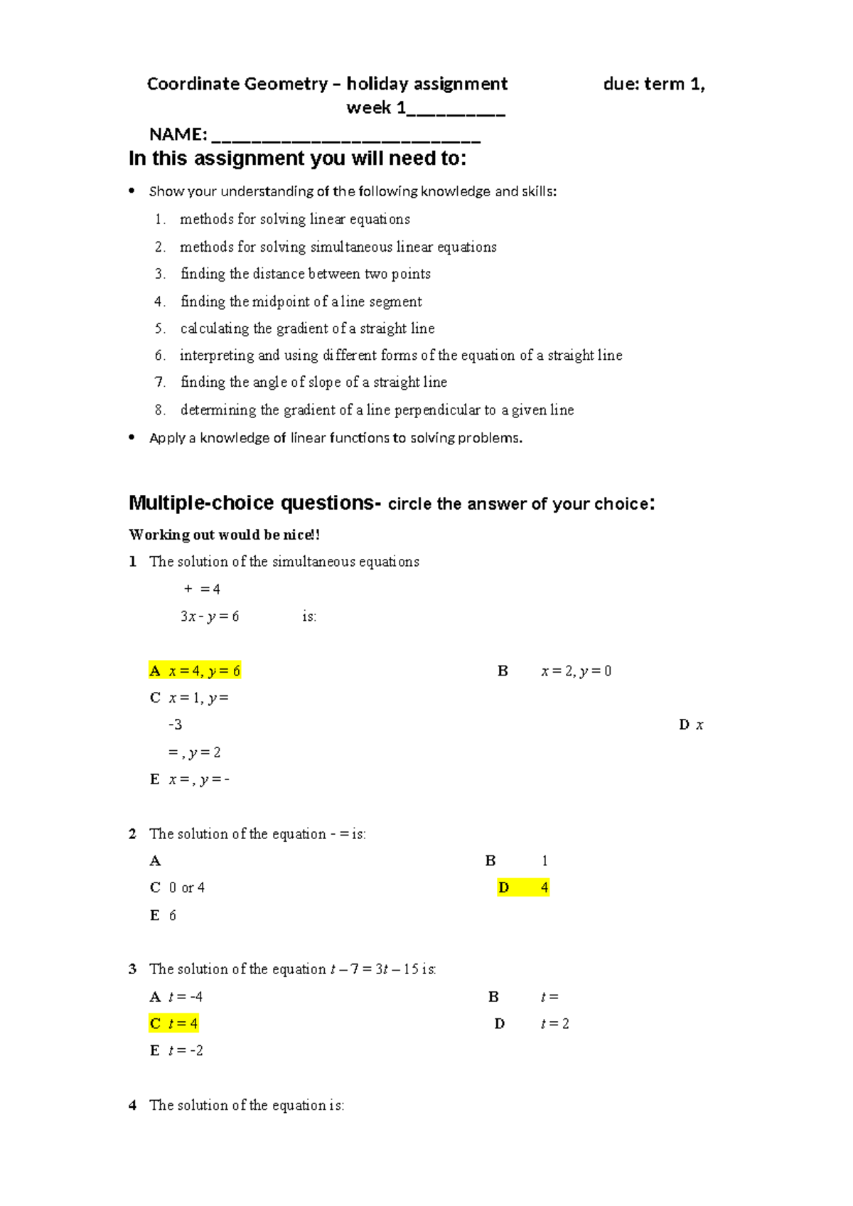 Coordinate Geometry Holiday assignment - week 1__________ NAME