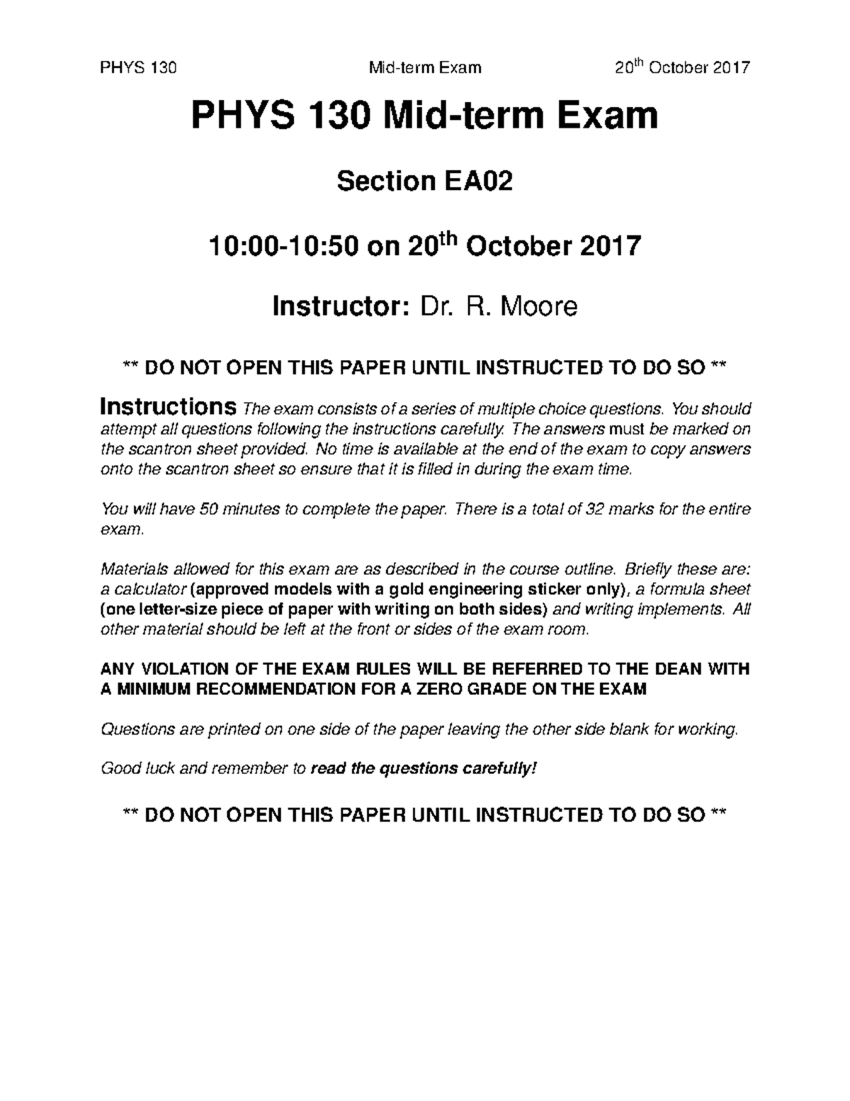 PHYS 130 Fall 2017 midterm exam solutions (Roger Moore) - PHYS 130 Mid ...