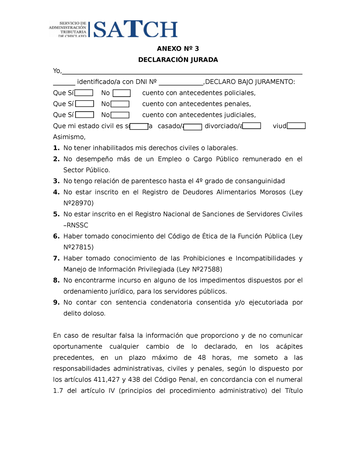 PPP 003 2022 Anexo 03 Declaracion Jurada - ANEXO Nº 3 DECLARACIÓN ...