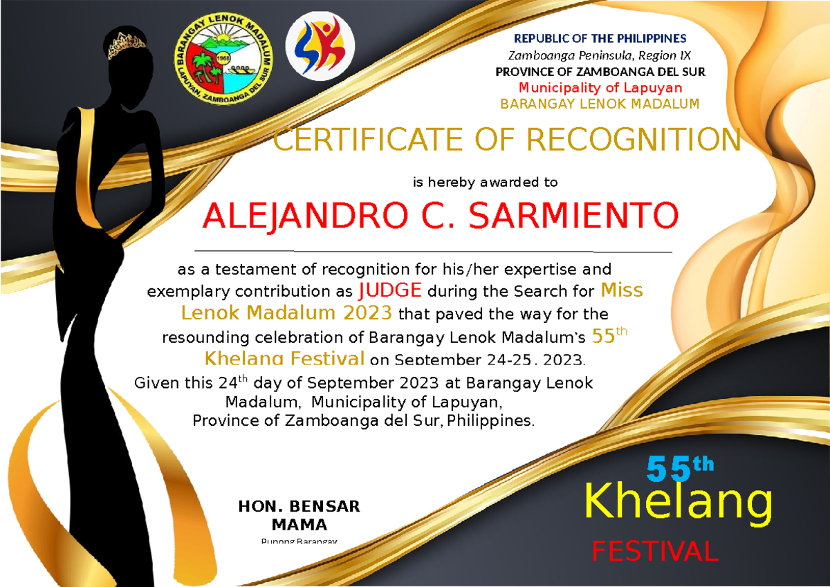 Certificate - Khelang 55 th Zamboanga Peninsula, Region IX PROVINCE OF ...